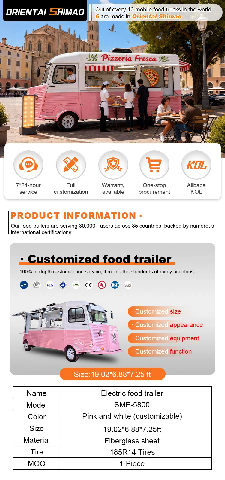 5.8m Pink and White Vintage-Style Pizza Food Trailer