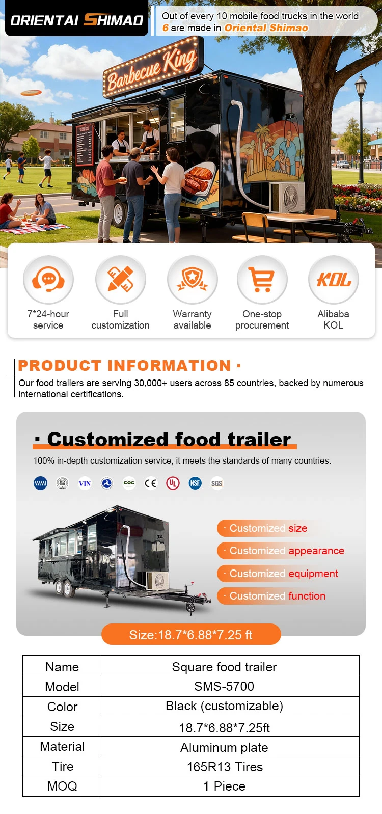 5.7m Black Aluminum Steak Food Trailer