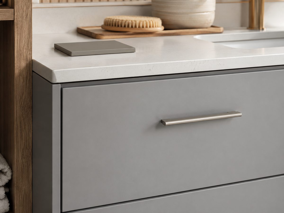 Close-up of a skin-feel matte custom vanity finish with brushed metal hardware