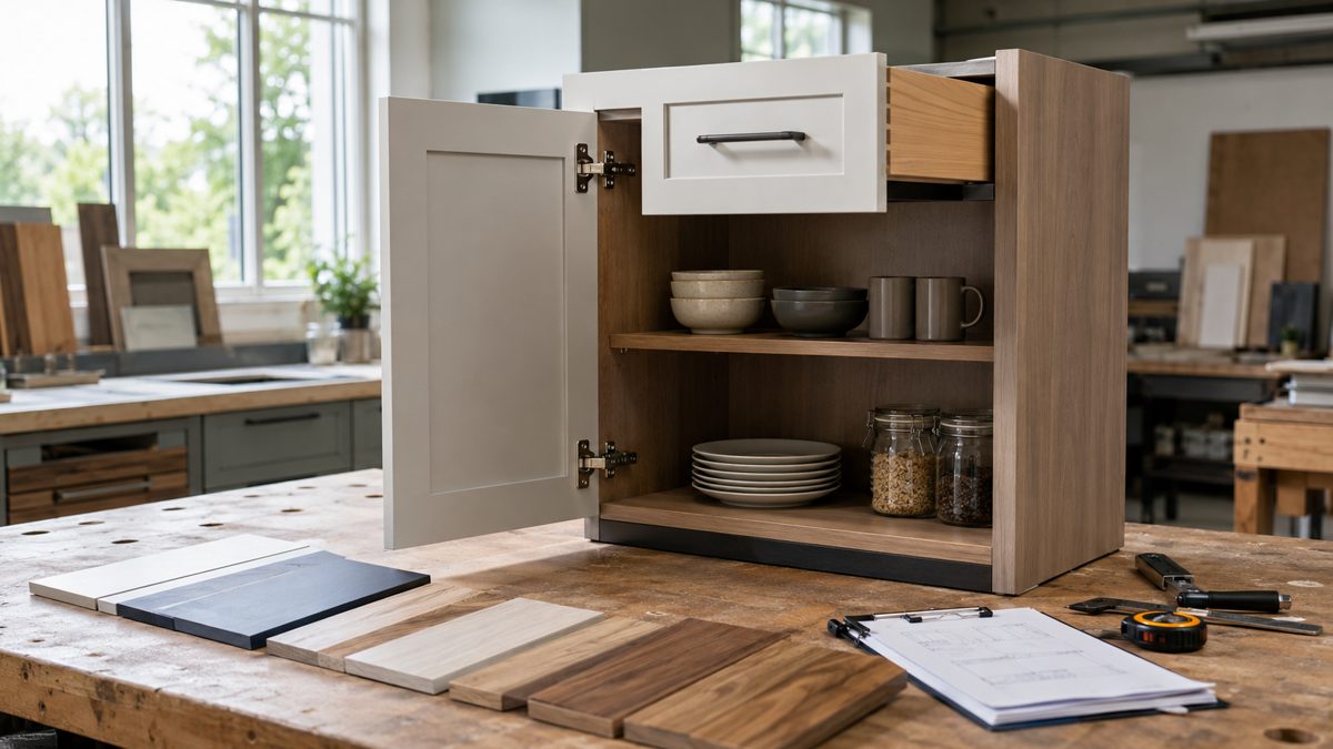 Kitchen cabinet door drawer shelf and finish samples representing cabinet performance testing
