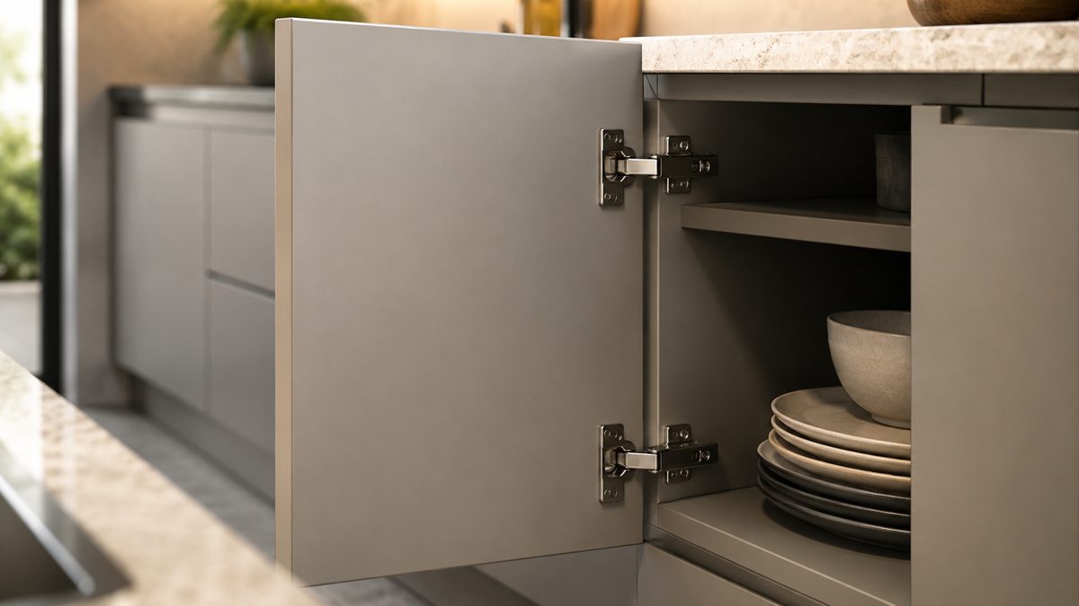 Close view of concealed hinges on modern frameless cabinetry