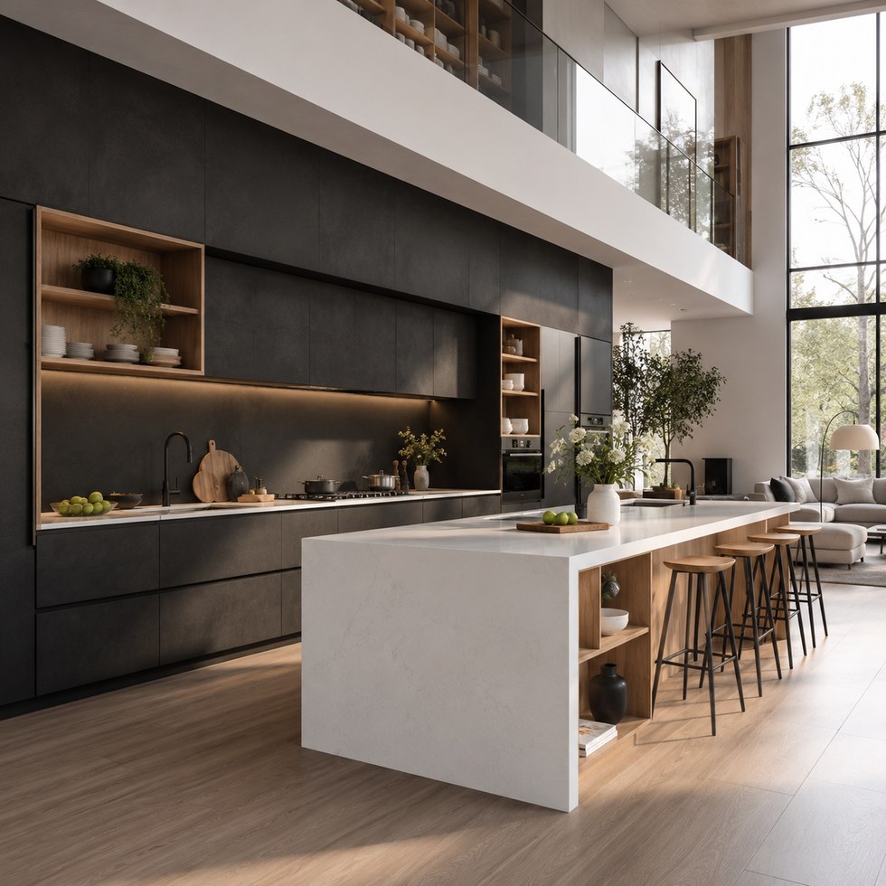 Modern Dark Charcoal Kitchen Cabinets with White Island and Wood-Tone Open Shelving