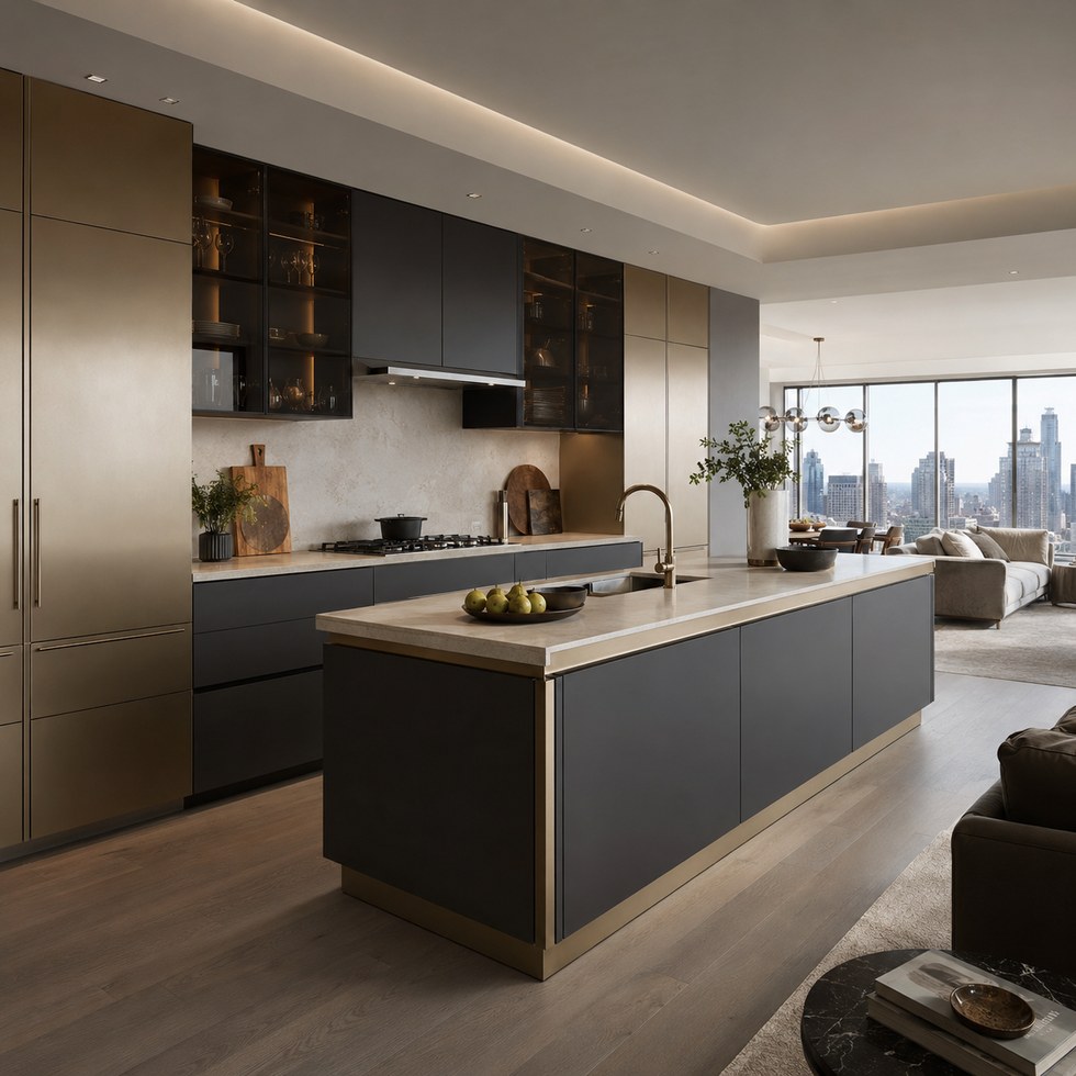 Modern Dark Gray and Champagne Kitchen Cabinets with Smoked Glass Wall Units