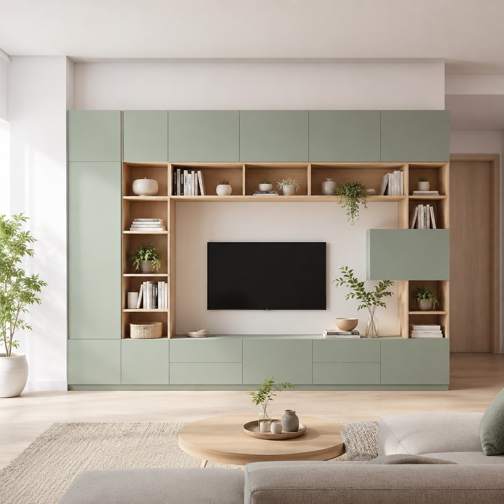 Sage Green and Wood Tone Built-In TV Cabinet with Open Shelving