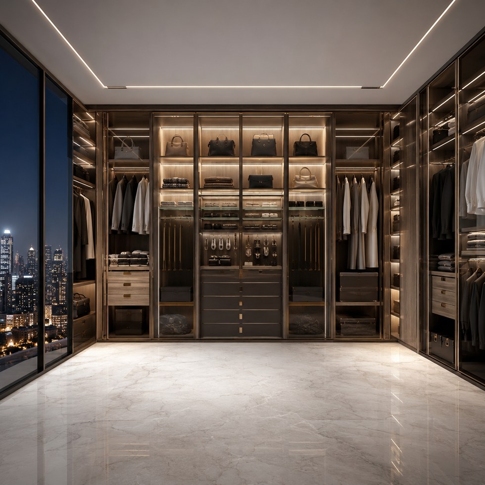 Luxury Tinted Glass Walk-In Closet Wardrobe With Warm Lighting