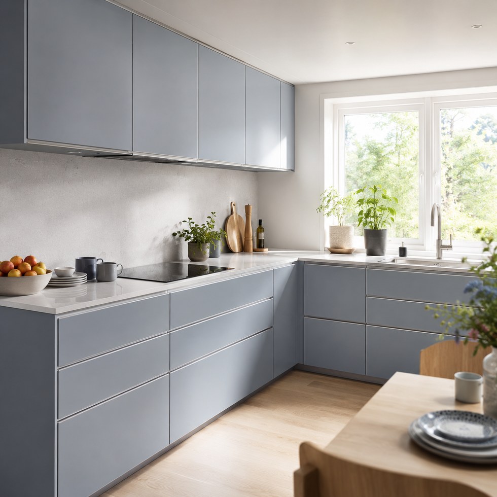 Light Blue Gray Flat Panel L Shaped Kitchen Cabinets