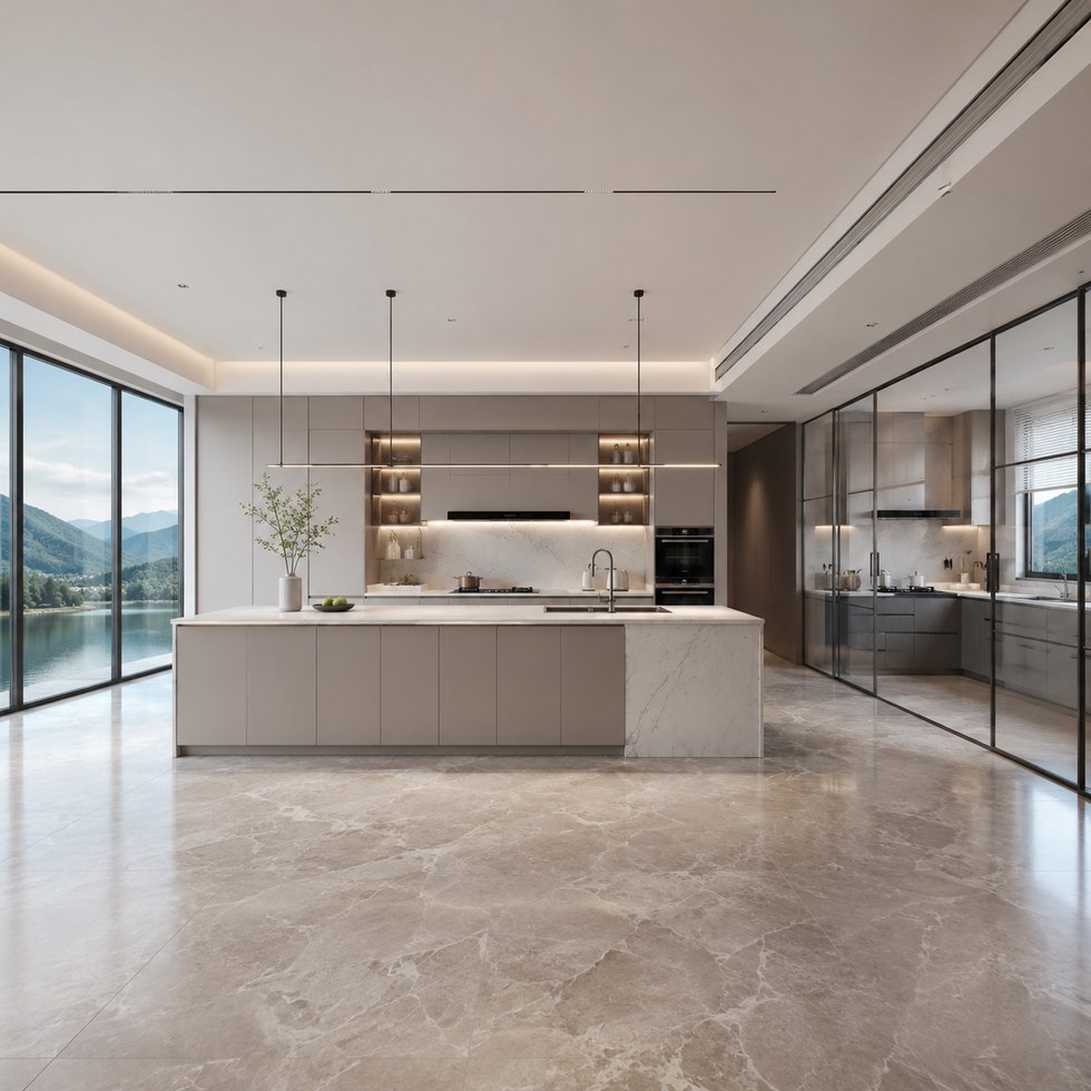 Modern Taupe Kitchen Cabinets With Waterfall Island and Glass Partition