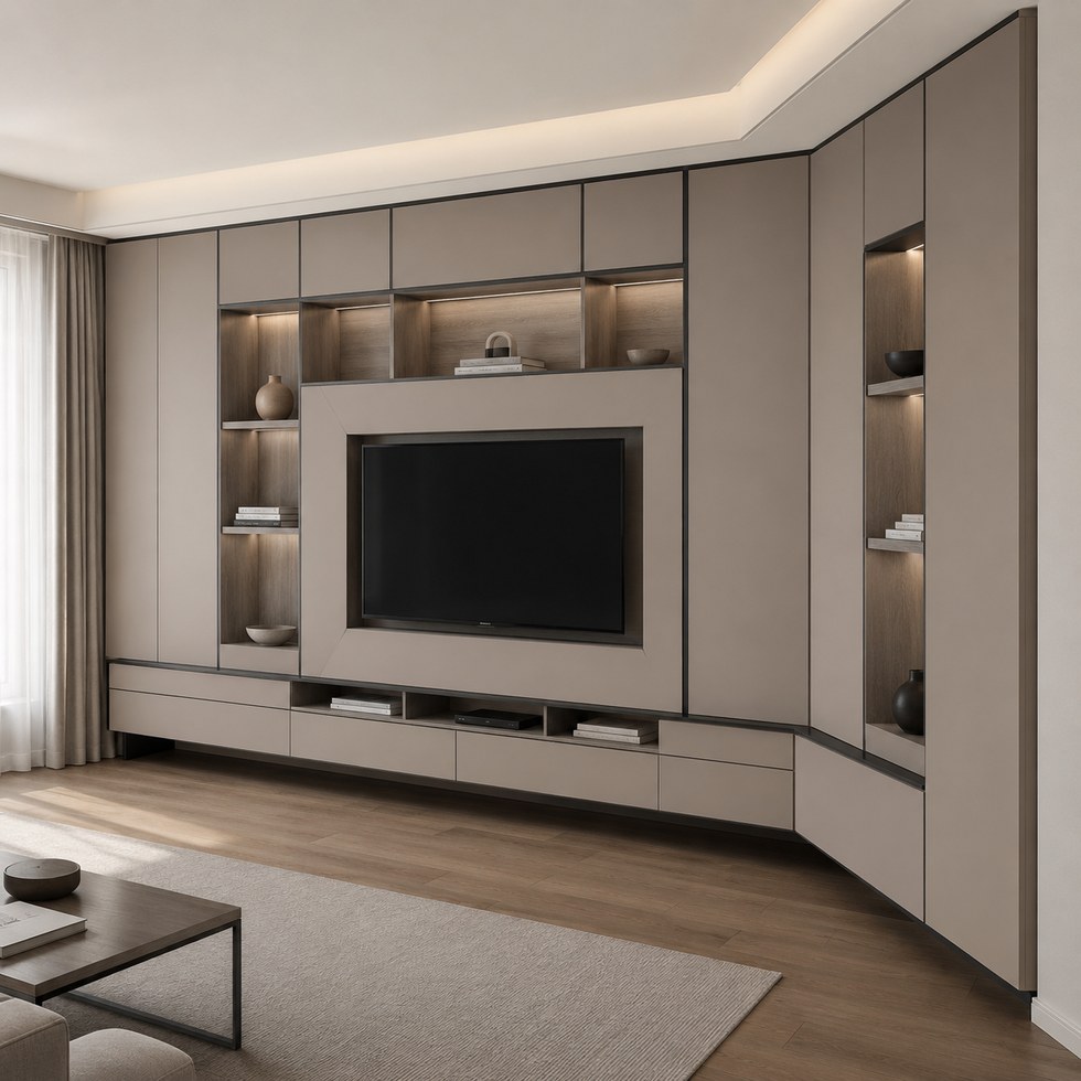 Taupe Corner TV Cabinet with Lit Niches and Floating Base