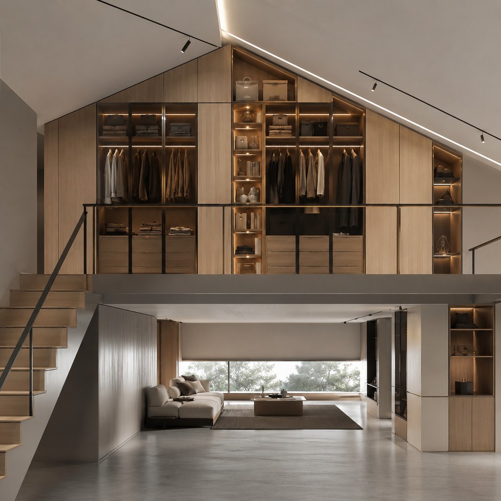 Loft Sloped Ceiling Walk-In Closet Wardrobe with Warm Lighting