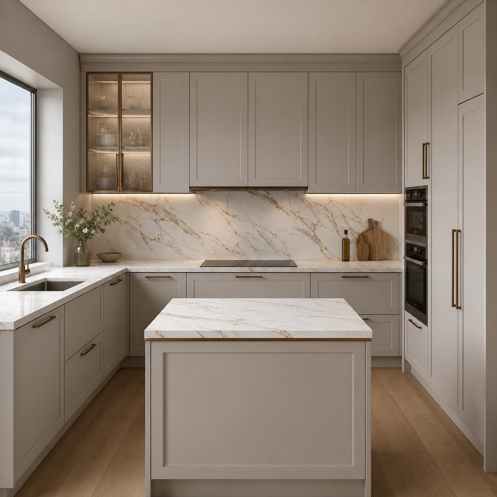 Light Greige Shaker Kitchen Cabinets With Island And Glass Display Cabinet