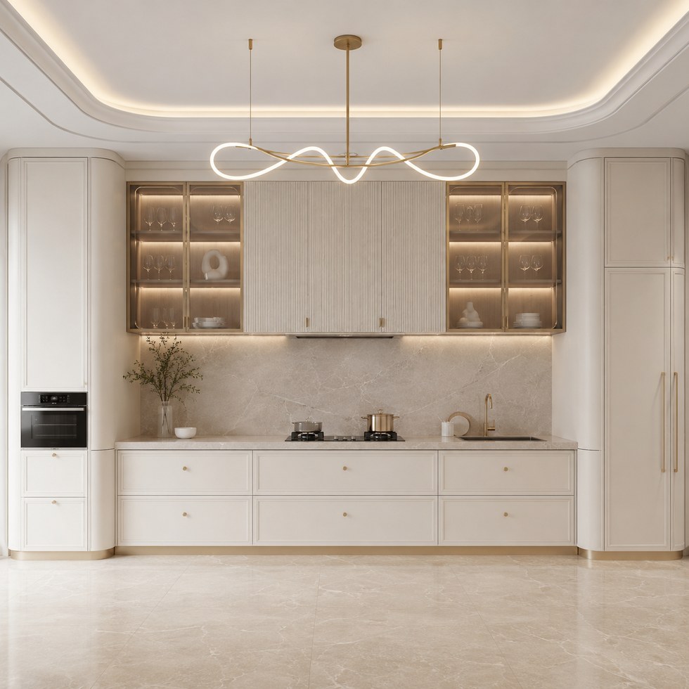 Luxury Cream Kitchen Cabinets with Glass Display Units and Fluted Doors
