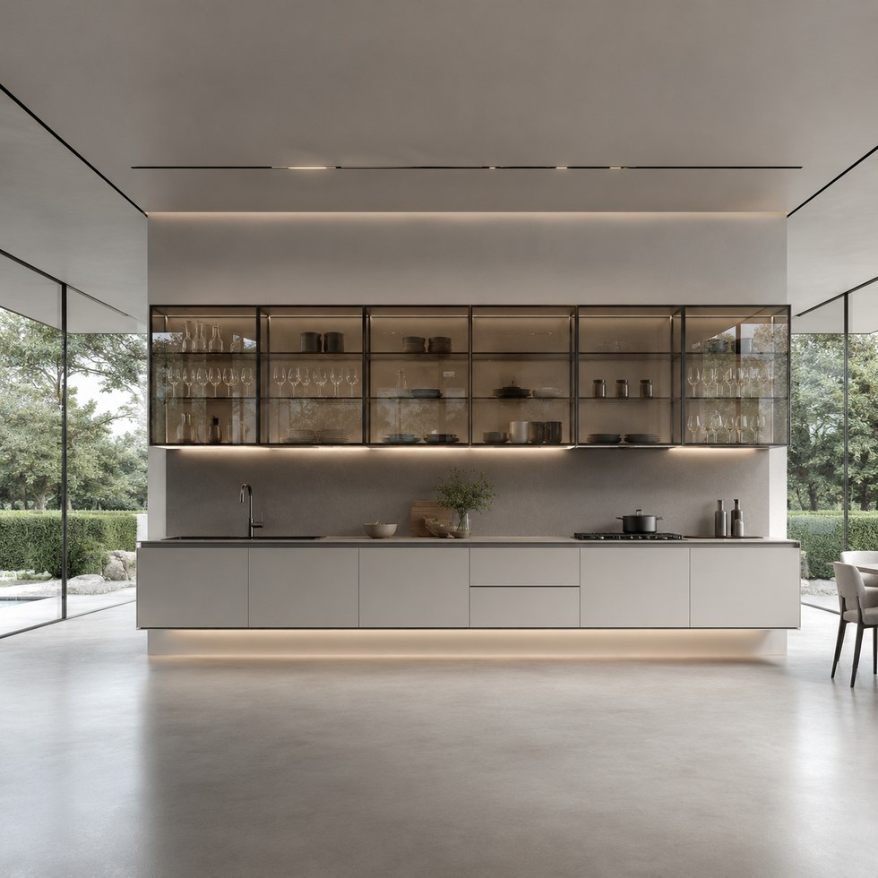 Modern Light Gray Kitchen Cabinets with Dark Framed Glass Wall Units