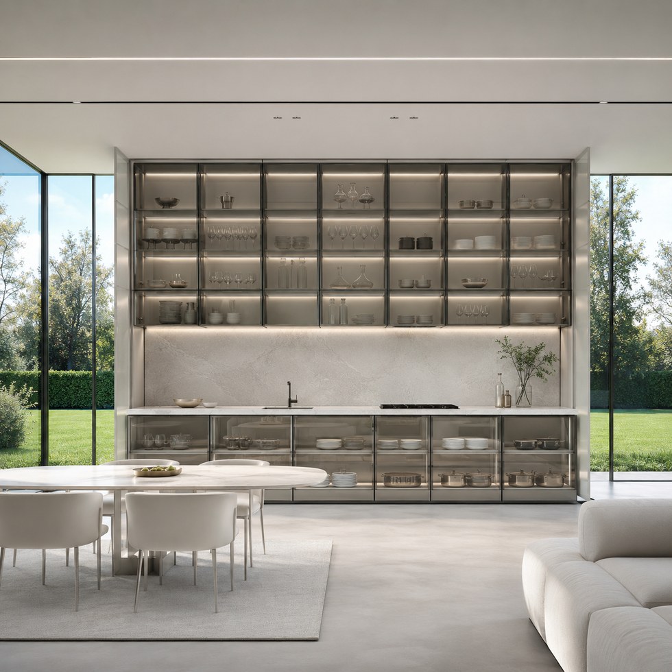Smoked Glass Kitchen Cabinets with Light Stone Look Countertop