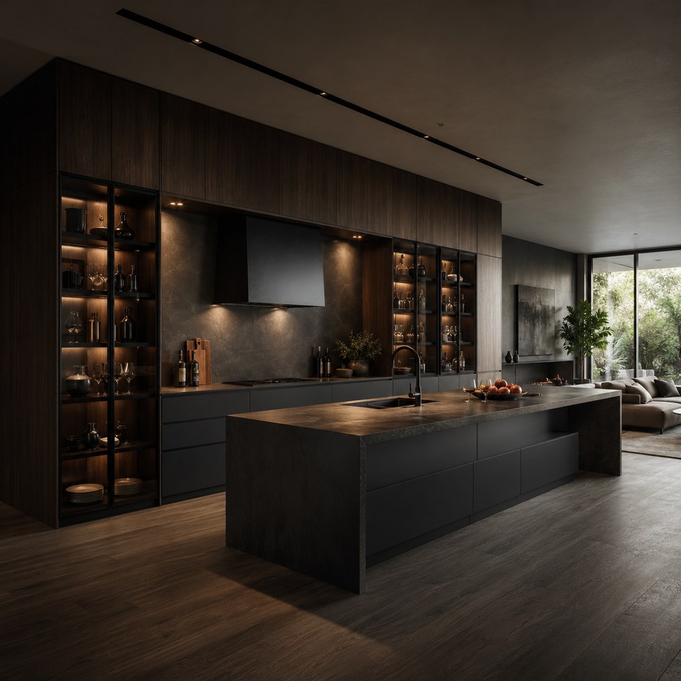 Dark Wood Grain Luxury Kitchen Cabinets With Glass Display Storage