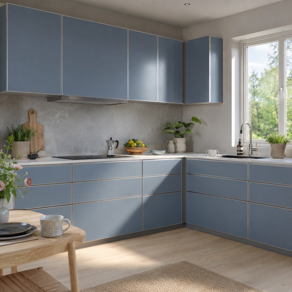 Blue Gray L-Shaped Custom Kitchen Cabinets with Slim Metallic Lines