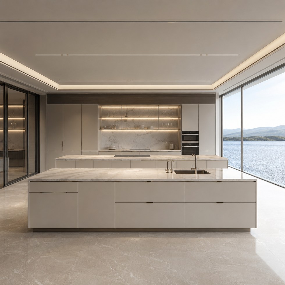 Luxury Light Taupe Island Kitchen Cabinets with Glass Display Cabinet