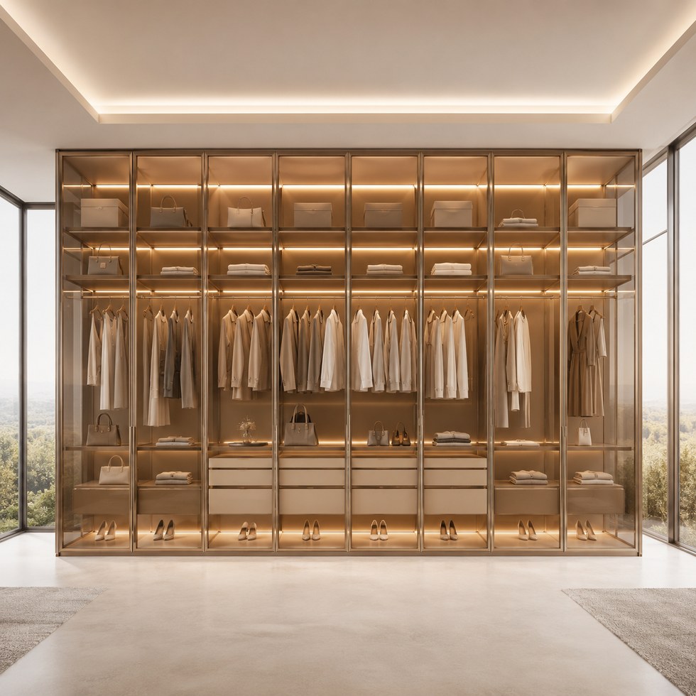 Luxury Amber Glass Walk-In Closet Wardrobe with Warm LED Shelving