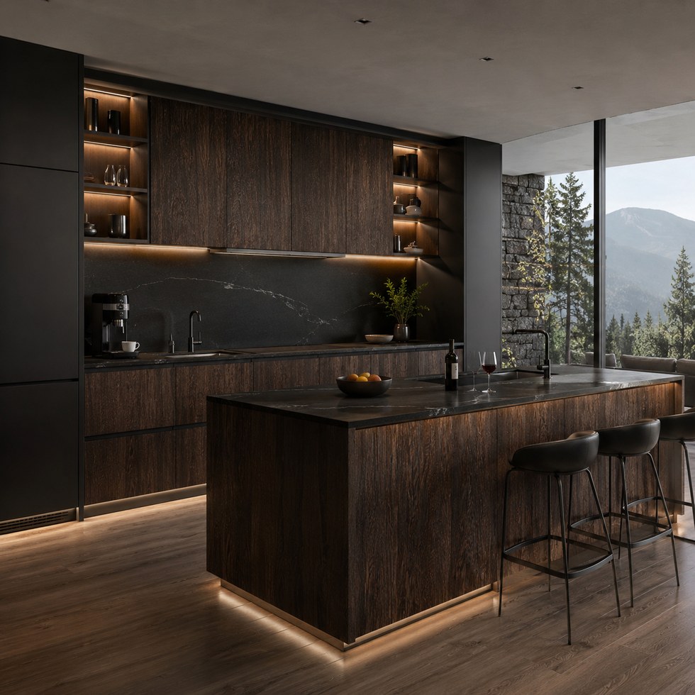 Dark Wood Look Modern Kitchen Cabinets With Island And Warm Open Shelf Lighting