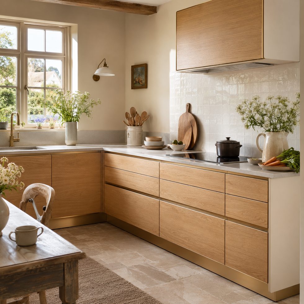 Natural Wood-Look L-Shaped Kitchen Cabinets with Slab Fronts