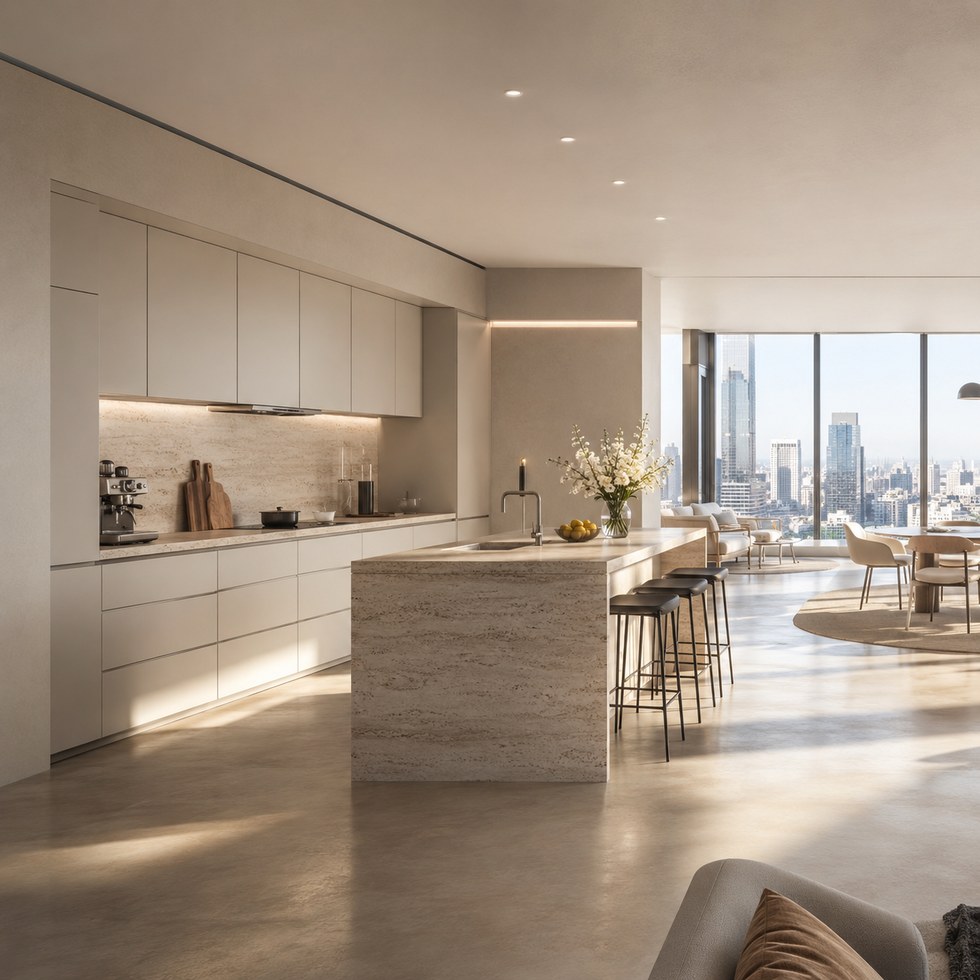 Modern Beige Kitchen Cabinets with Stone-Look Island and Integrated Lighting