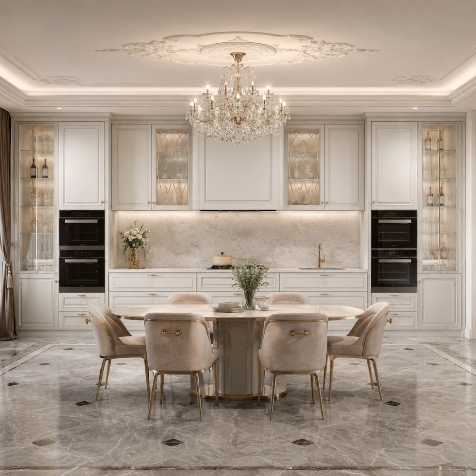 Classic White Kitchen Cabinets with Glass Display Towers and Gold Accents