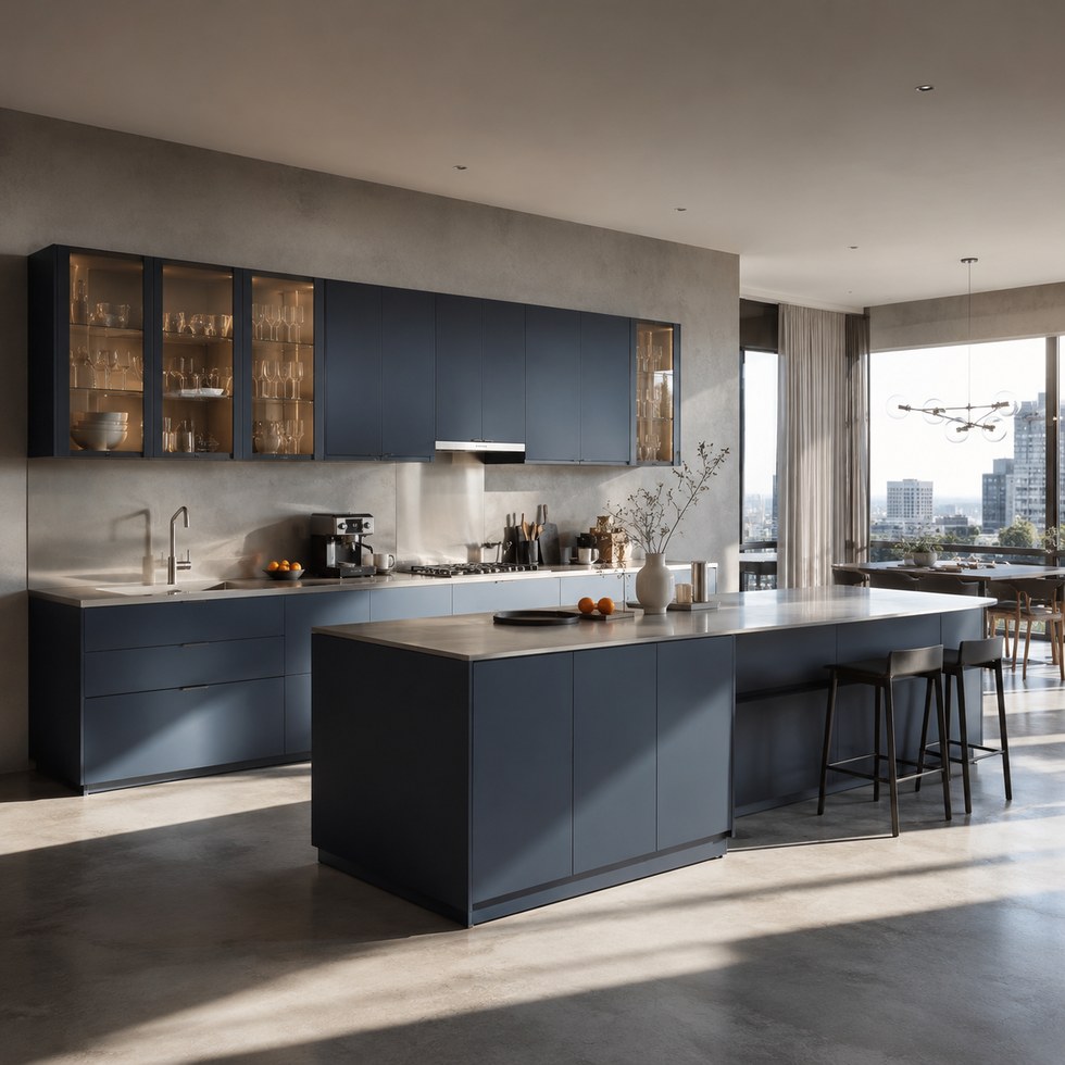Modern Slate Blue Kitchen Cabinets With Island and Glass Display Uppers