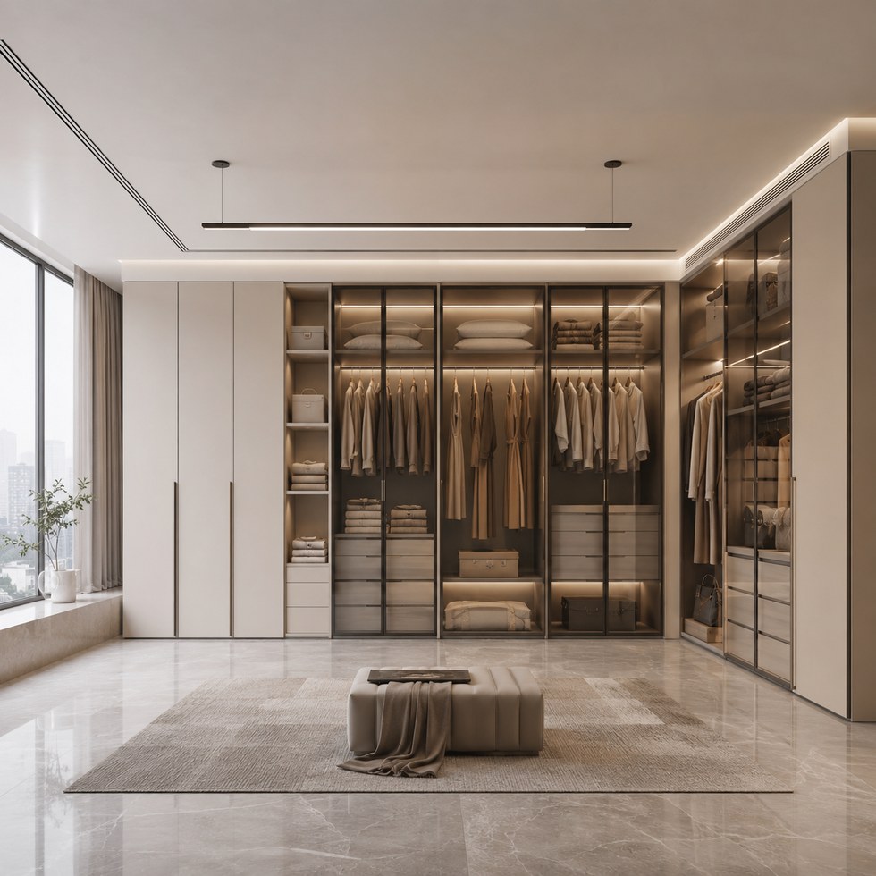 Warm Beige Glass Door Walk-In Closet Wardrobe with LED Lighting