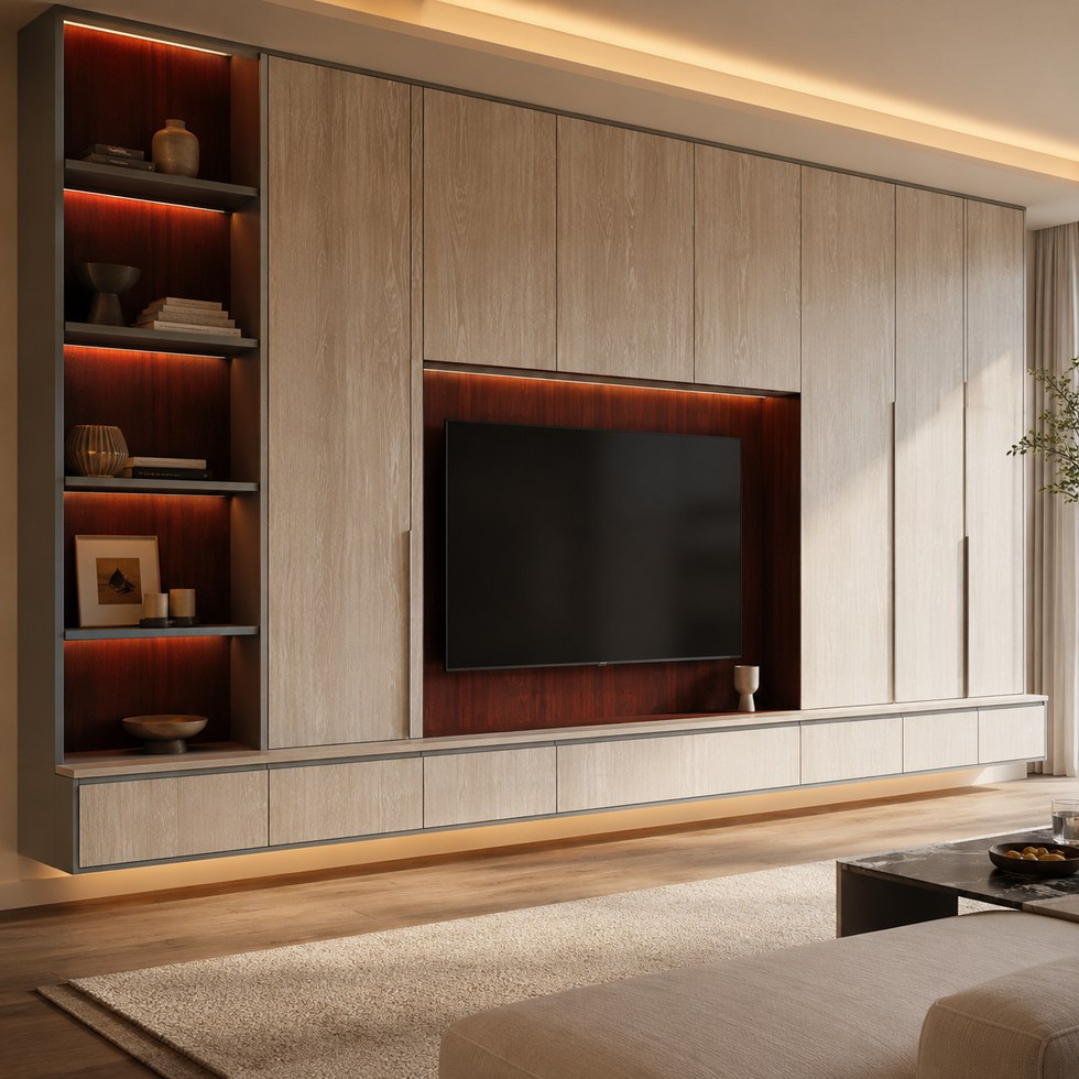 Light Wood TV Cabinet with Display Shelves and Floating Console