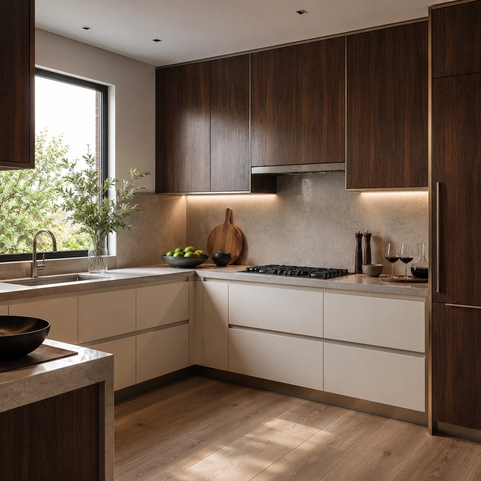 Dark Wood Grain and Cream Slab Custom Kitchen Cabinets