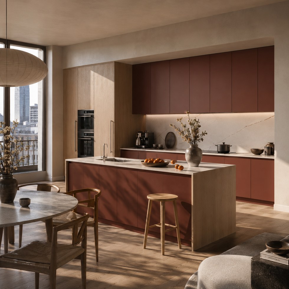 Modern Terracotta And Light Wood Kitchen Cabinets With Island