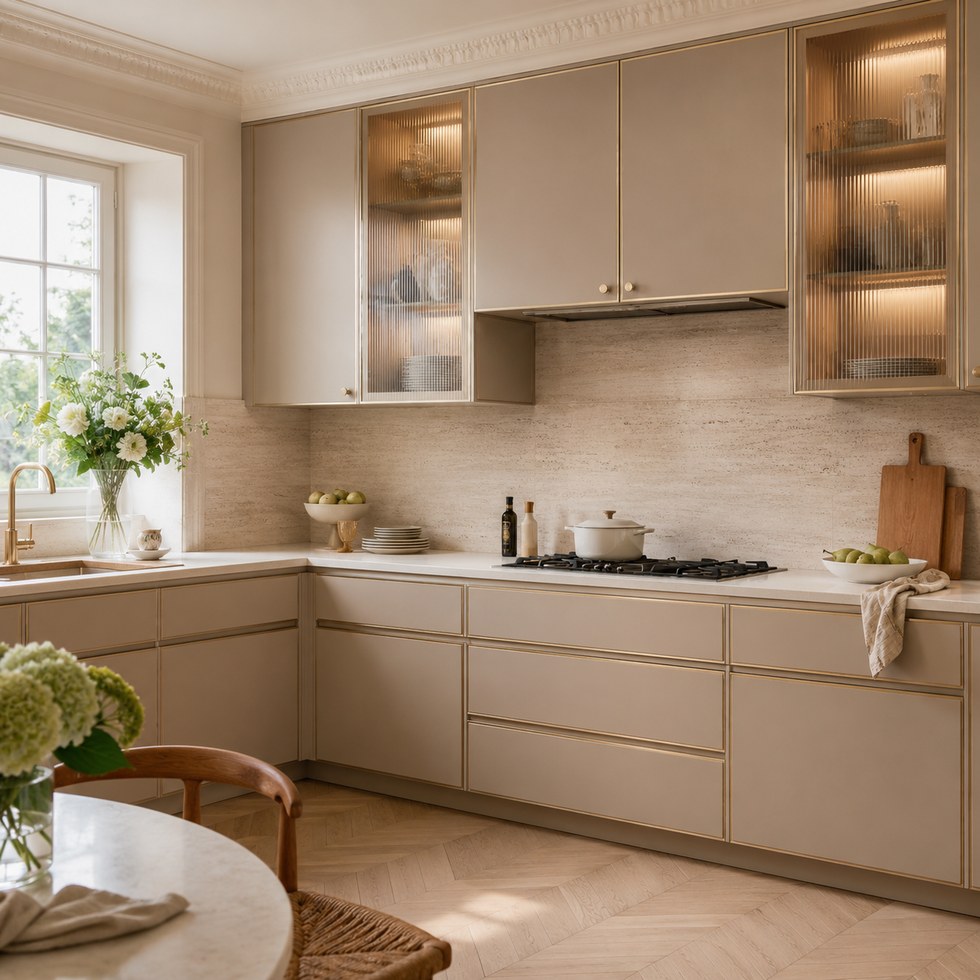 Warm Beige L-Shaped Kitchen Cabinets with Fluted Glass Display Doors