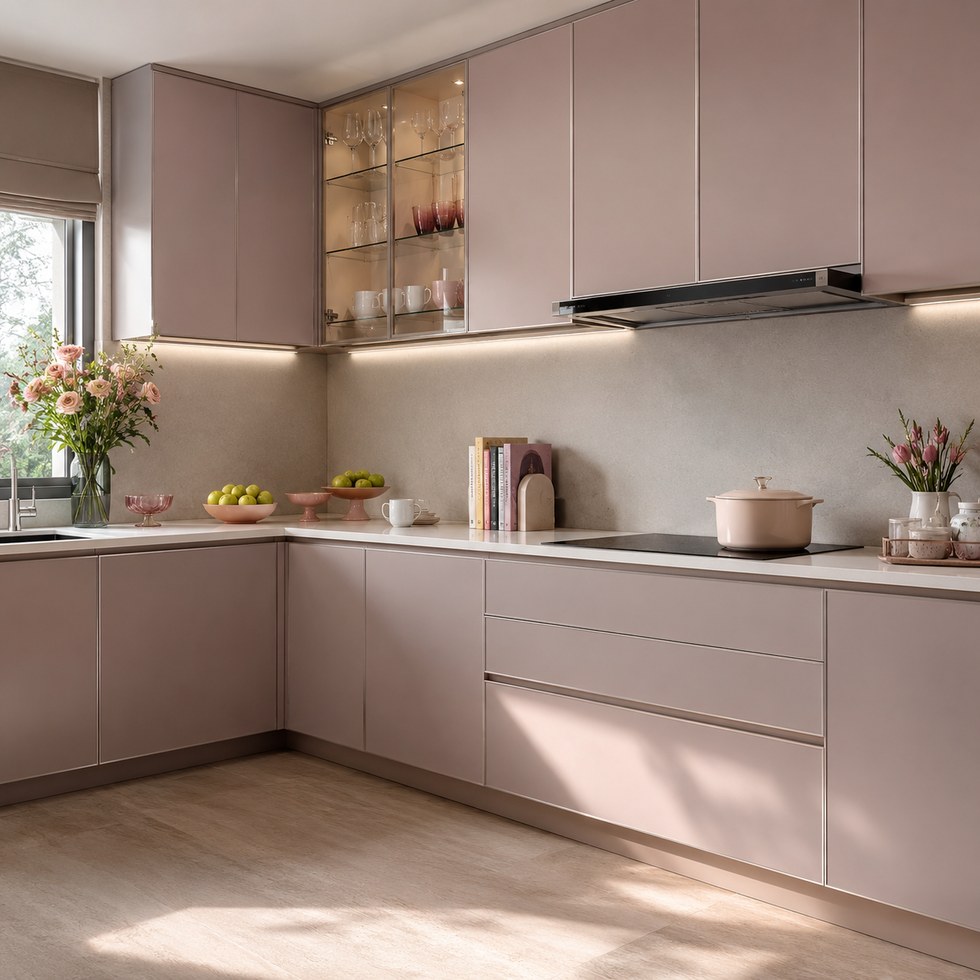 Blush Pink L-Shaped Handleless Kitchen Cabinets with Glass Display