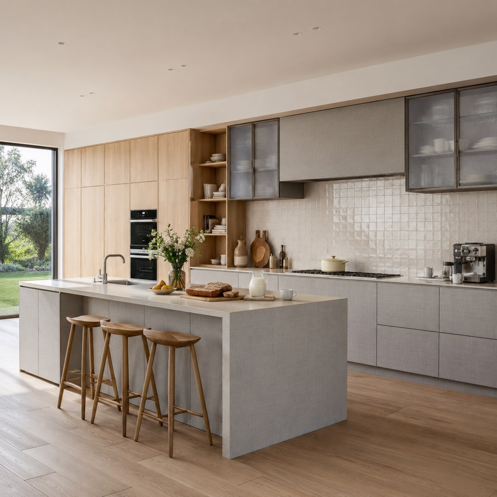 Modern Wood Grain and Grey Island Kitchen Cabinets with Glass Uppers