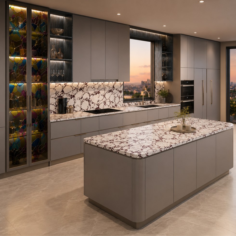 Kitchen Cabinets with Patterned Stone Island and Glass Displays