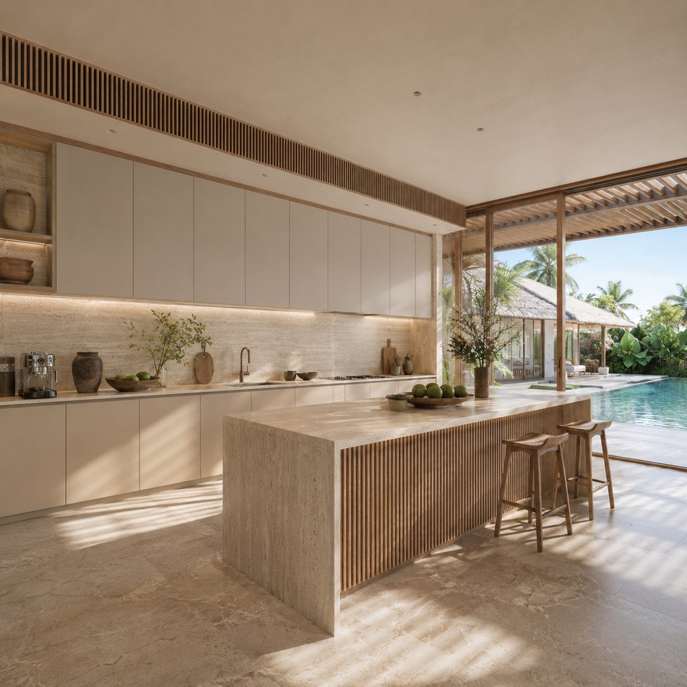 Warm Beige Resort Style Kitchen Cabinets with Slatted Island