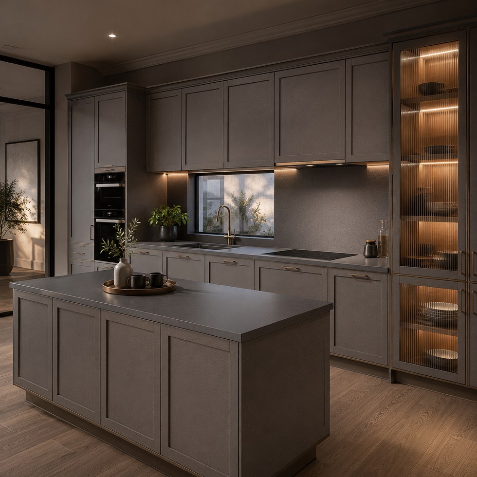 Warm Gray Kitchen Cabinets with Island Display Towers