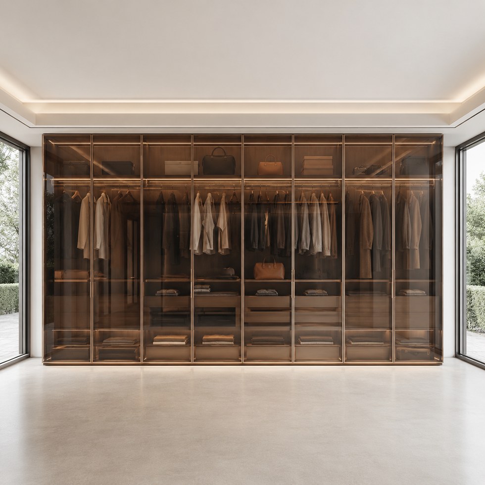 Bronze Glass Walk-In Closet Wardrobe with Warm Interior Lighting