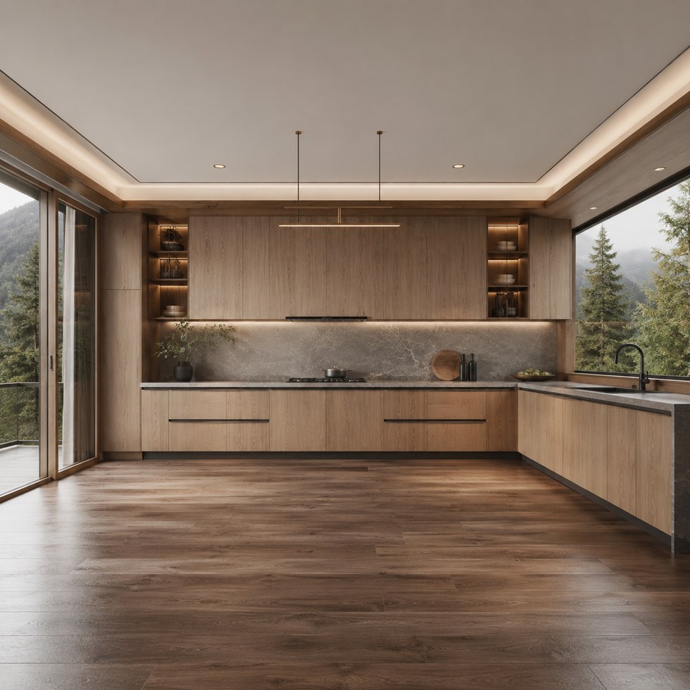 Natural Wood Grain Modern Kitchen Cabinets With Stone-Look Countertop