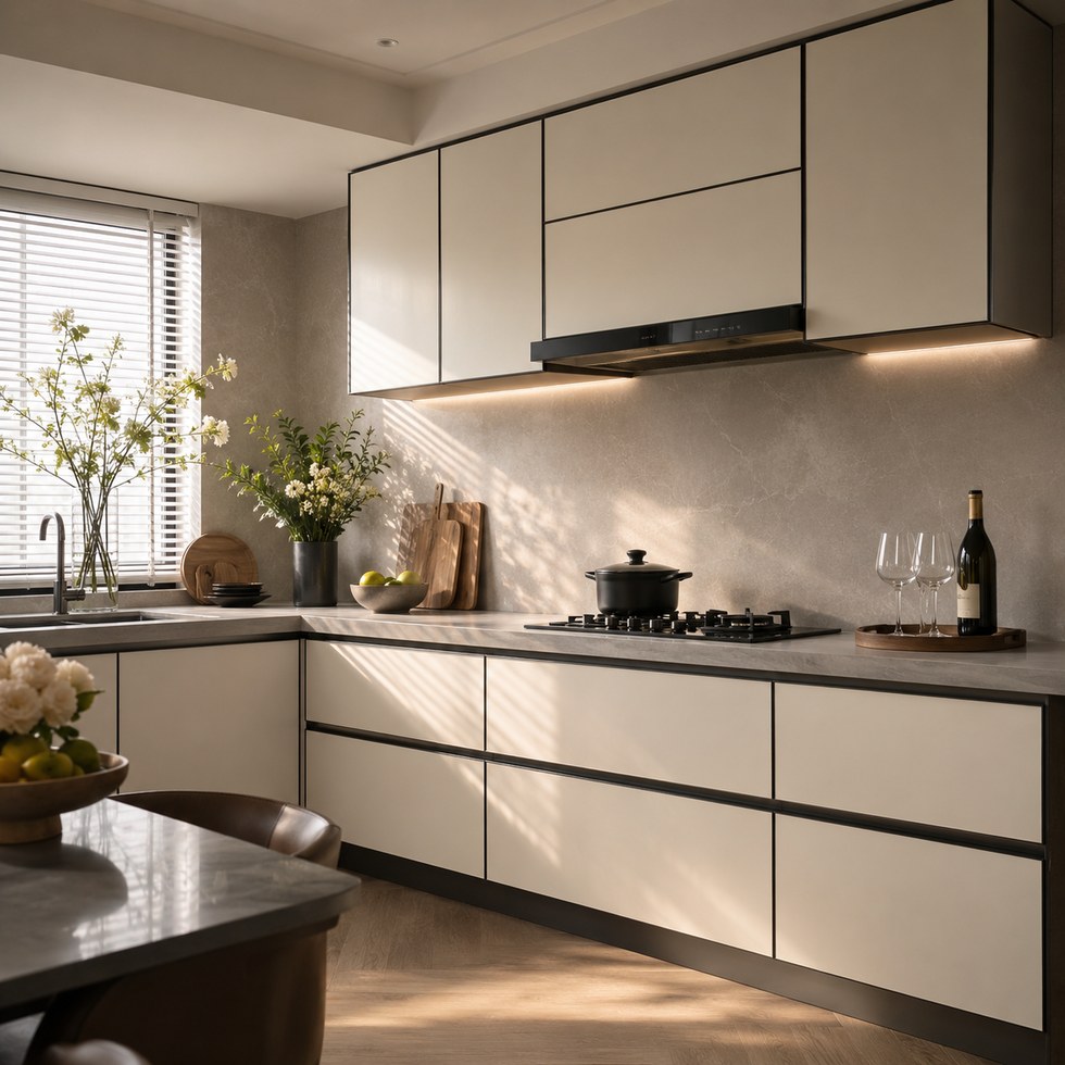 Modern Cream Handleless Kitchen Cabinets with Black Trim