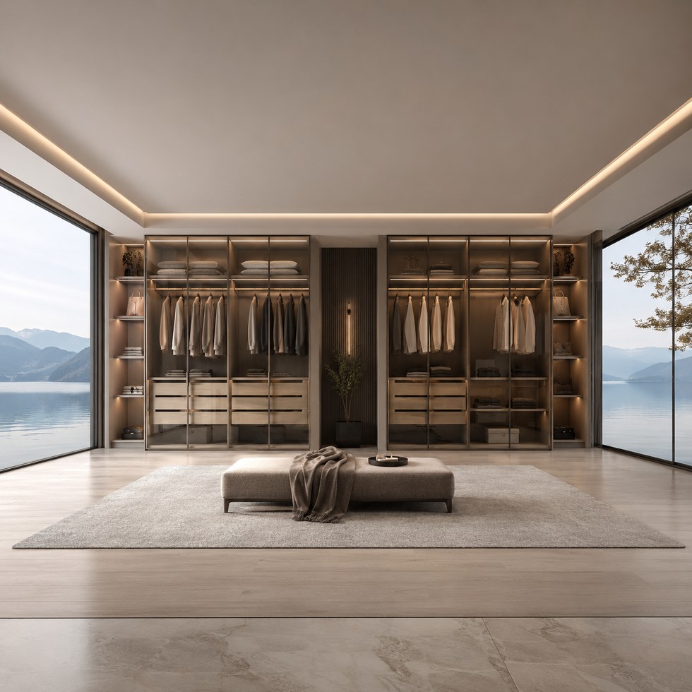 Luxury Walk-In Closet Wardrobe with Glass Display and Island Drawers