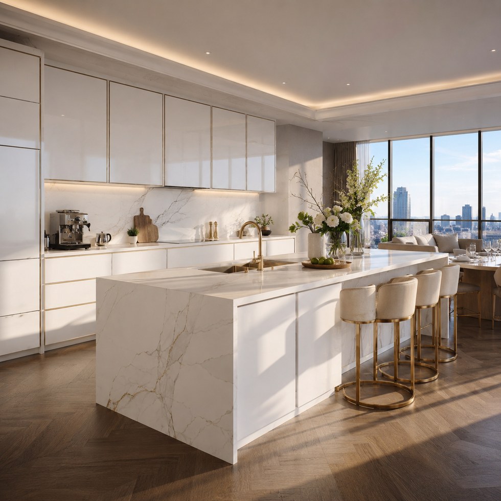 Glossy White Kitchen Cabinets with Marble-Look Waterfall Island