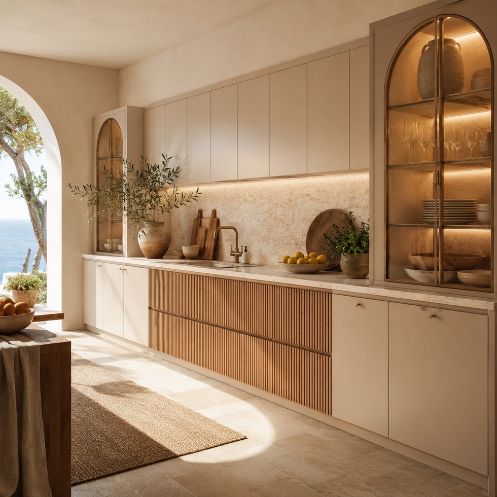 Warm Beige Kitchen Cabinets With Arched Glass Display Towers