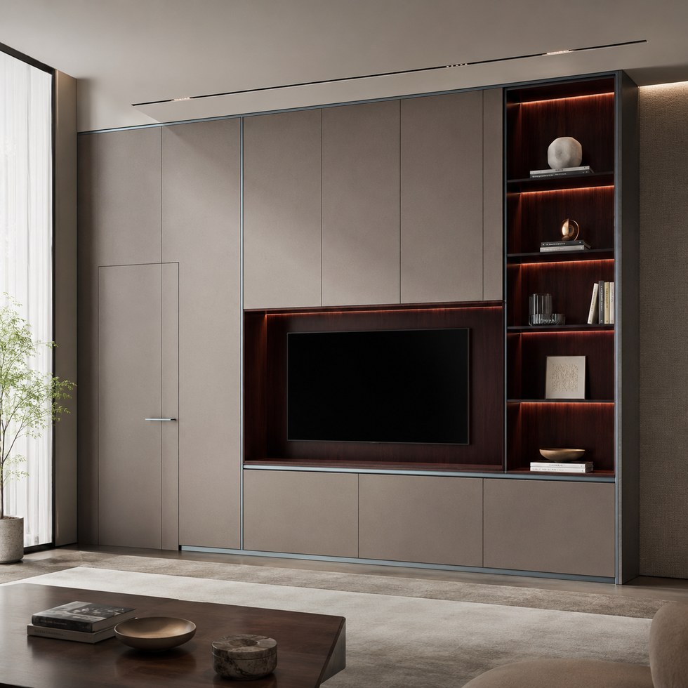 Taupe TV Wall Cabinet with Display Shelves and Storage