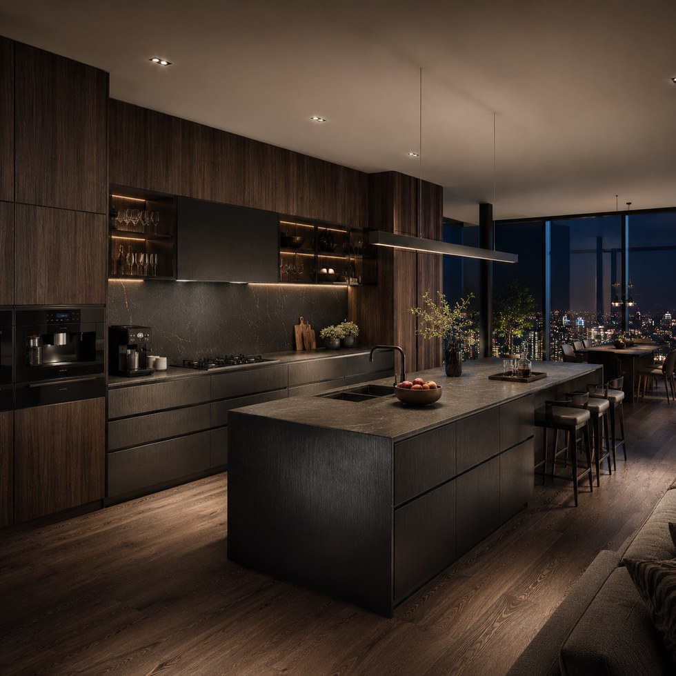 Dark Wood Look Luxury Kitchen Cabinets With Matte Charcoal Island
