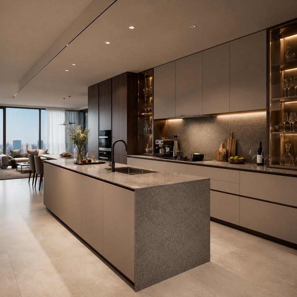 Modern Taupe Kitchen Cabinets With Island And Glass Display Shelving