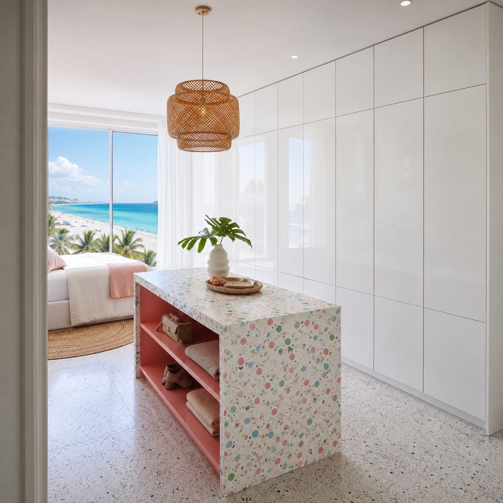 Glossy White Walk-In Closet Wardrobe With Terrazzo Look Island