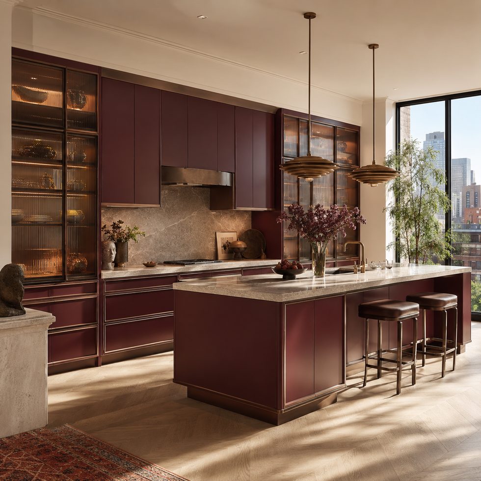 Burgundy Luxury Kitchen Cabinets with Glass Display Units and Island