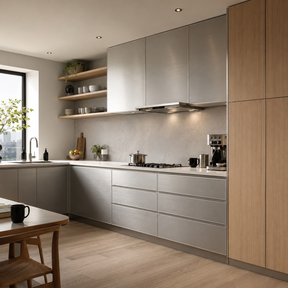 Modern Brushed Gray and Wood Tone L-Shaped Custom Kitchen Cabinets