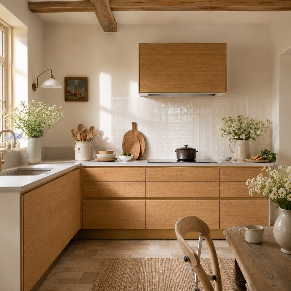 Natural Wood-Look L-Shaped Kitchen Cabinets with Slab Fronts