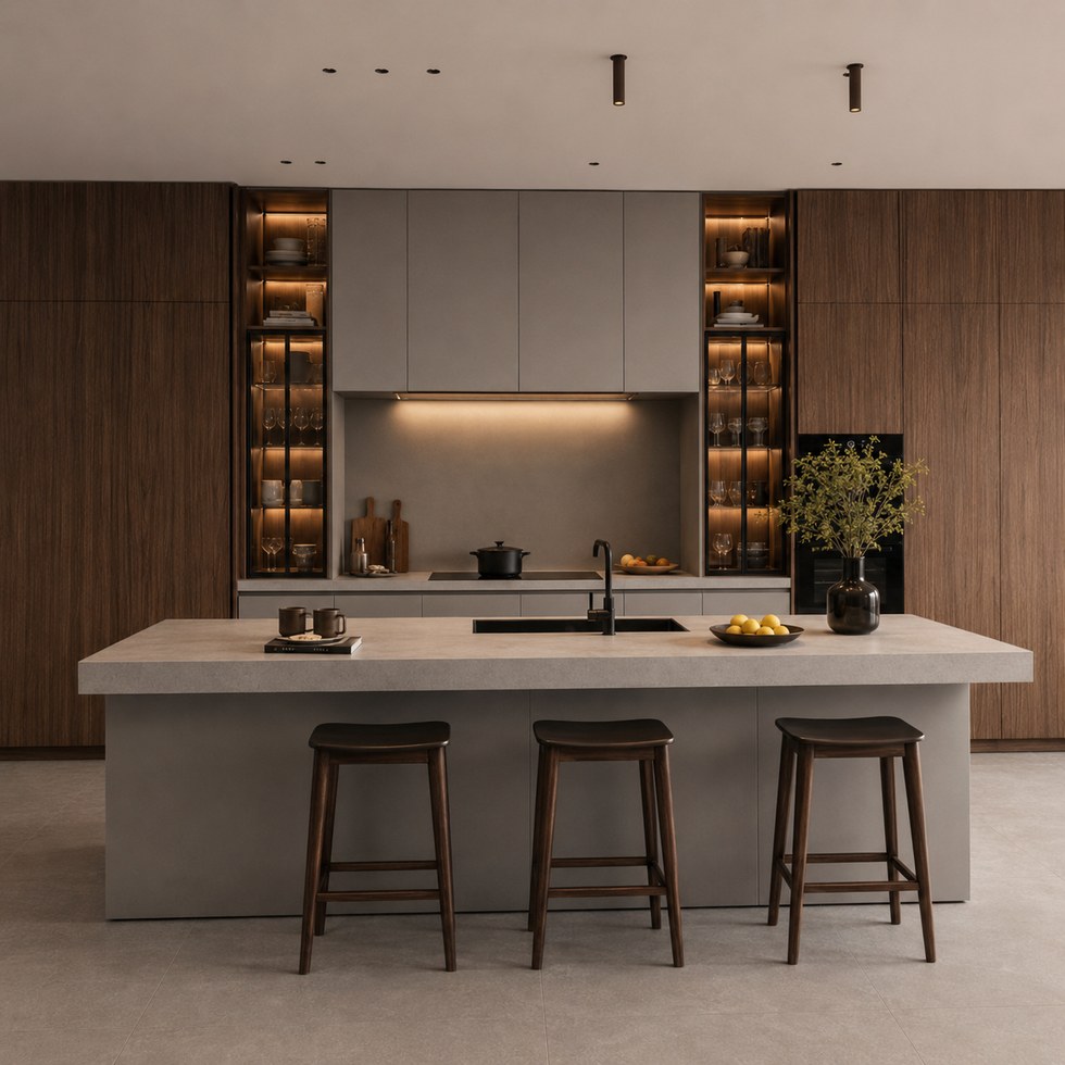 Modern Wood Grain and Matte Gray Kitchen Cabinets With Island